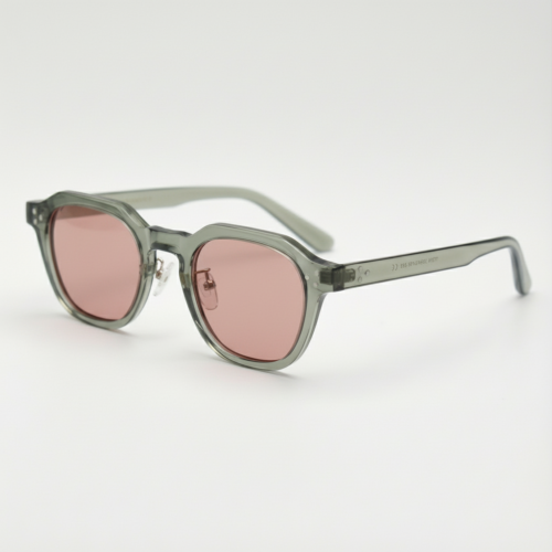 FL41 Rose Tinted Lens Glasses - Transparent Green Geometric TR90 Frame