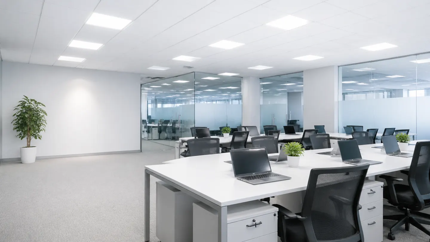 Bright modern office with overhead LED lighting before FL41 rose tint simulation.