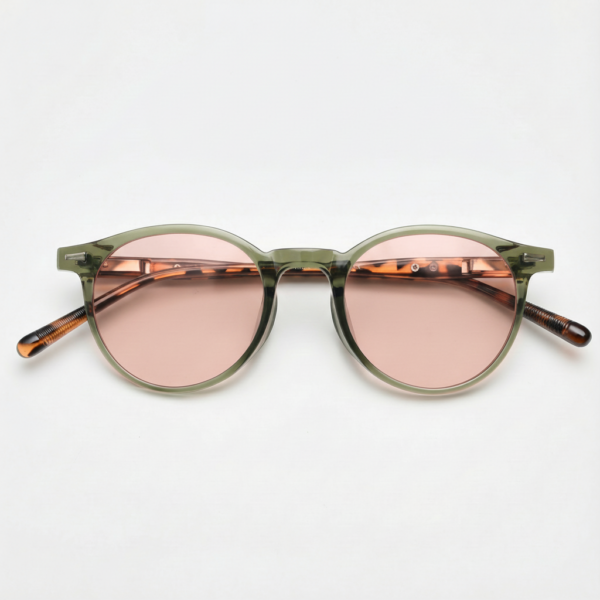 FL41 Rose Tinted Lens Glasses - Green Round TR90 Frame