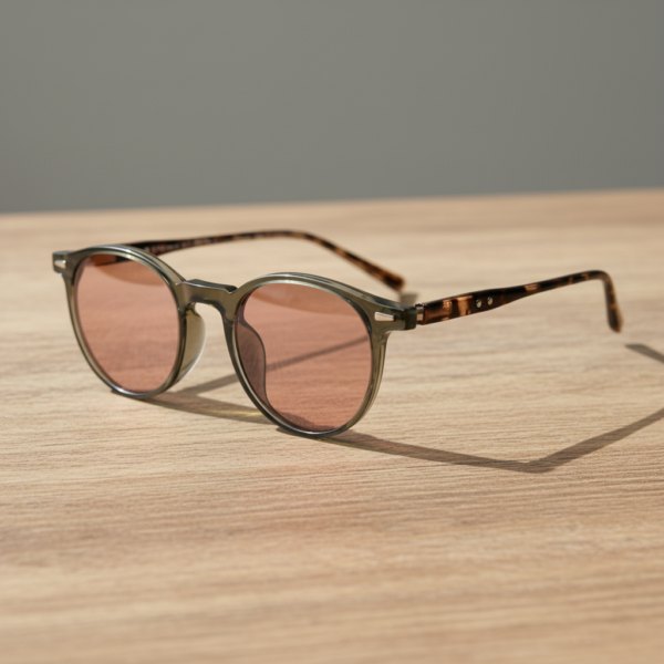 FL41 Rose Tinted Lens Glasses - Green Round TR90 Frame