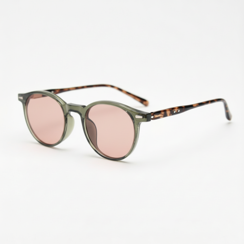 FL41 Rose Tinted Lens Glasses - Green Round TR90 Frame