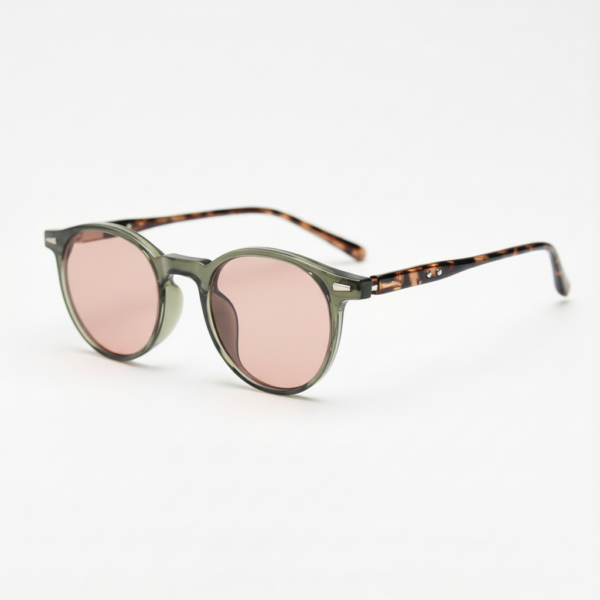 FL41 Rose Tinted Lens Glasses - Green Round TR90 Frame