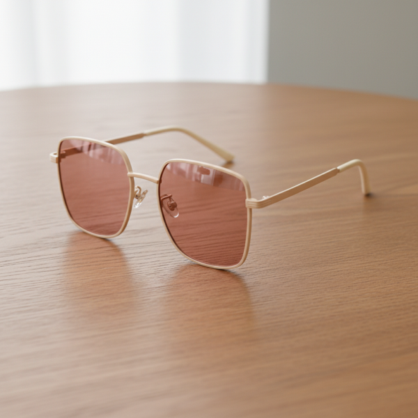FL41 Rose Tinted Lens Glasses - Gold Square Metal Frame