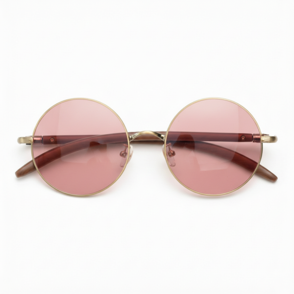 FL41 Rose Tinted Lens Glasses - Gold Round Metal Frame