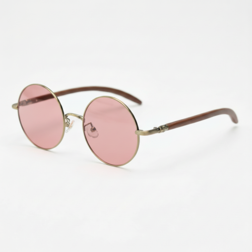 FL41 Rose Tinted Lens Glasses - Gold Round Metal Frame
