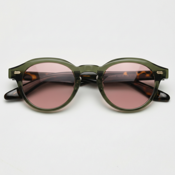 FL41 Rose Tinted Lens Glasses - Olive Green Round TR90 Frame