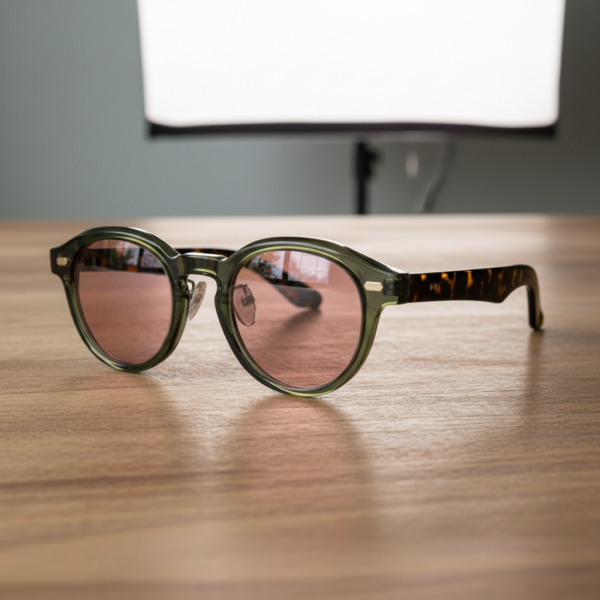 FL41 Rose Tinted Lens Glasses - Olive Green Round TR90 Frame