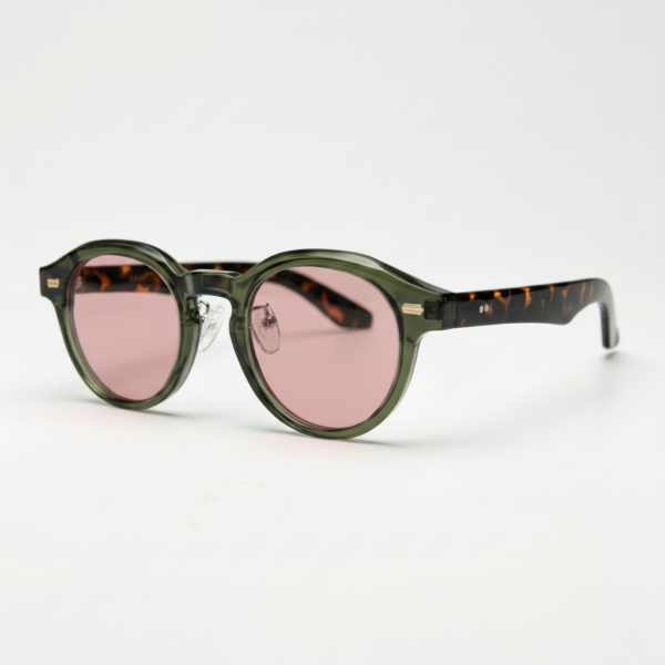 FL41 Rose Tinted Lens Glasses - Olive Green Round TR90 Frame