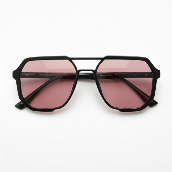 FL41 Rose Tinted Lens Glasses - Glossy Black Geometric TR90 Frame