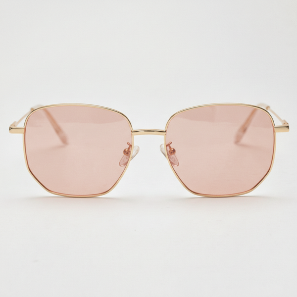 FL41 Rose Tinted Lens Glasses - Gold Geometric Metal Frame