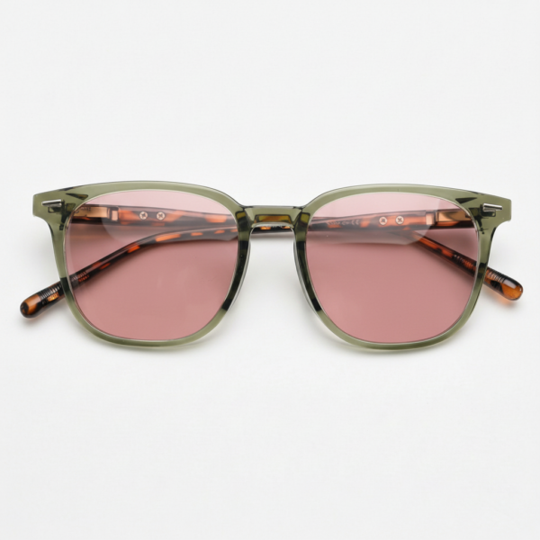 FL41 Rose Tinted Lens Glasses - Olive Green Square TR90 Frame
