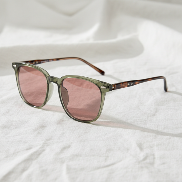 FL41 Rose Tinted Lens Glasses - Olive Green Square TR90 Frame