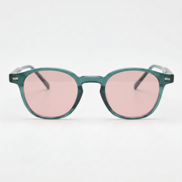 FL41 Rose Tinted Lens Glasses - Green Round TR90 Frame - Wider Bridge