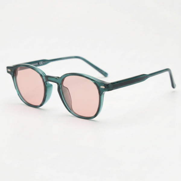 FL41 Rose Tinted Lens Glasses - Green Round TR90 Frame - Wider Bridge