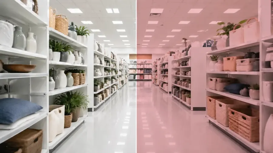 Bright retail aisle split comparison with no tint on the left and rose FL41 tint on the right.