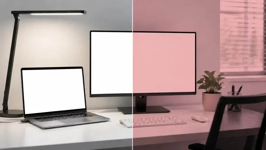 Bright desk split comparison with no tint on the left and rose FL41 tint on the right.