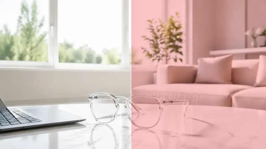 Bright window daylight split comparison with no tint on the left and rose FL41 tint on the right.